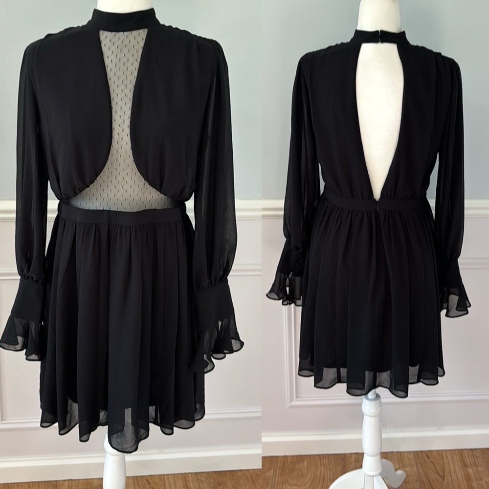 NWT Express Chiffon Mini Dress Mesh Front Open Back LBD Size 10 Formal Date Nigh